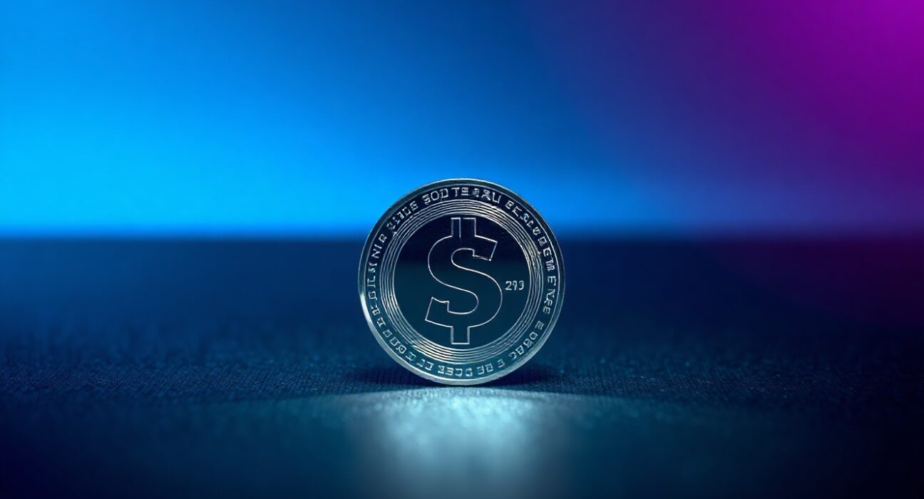 Close-up of a Solana coin on a dark blue background with dramatic lighting