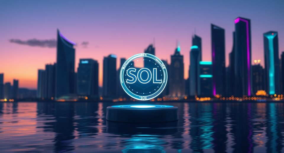 Solana price prediction 2026-2030: glowing SOL token above futuristic cityscape representing blockchain network growth