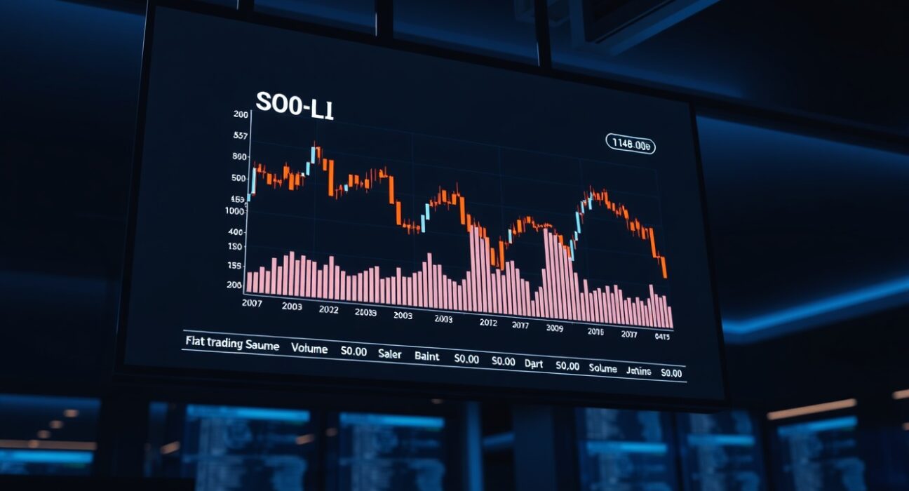 Solana SOL price chart showing sideways movement and low volume on a trading monitor in a dimly lit office