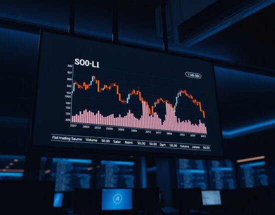 Solana SOL price chart showing sideways movement and low volume on a trading monitor in a dimly lit office