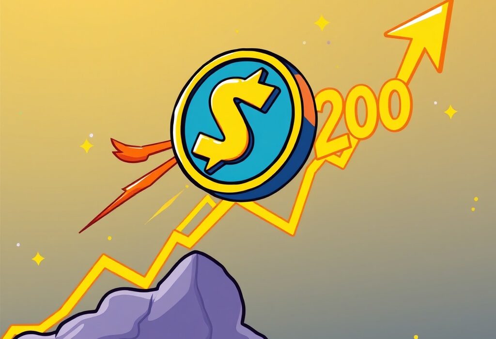 A cartoon illustration depicting Solana price achieving a significant rebound, breaking above the $200 mark, symbolizing strong SOL crypto performance.