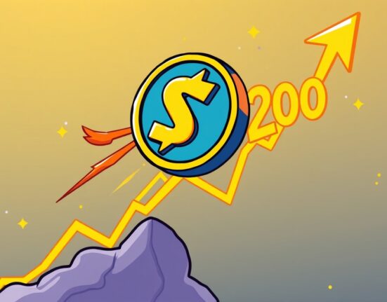 A cartoon illustration depicting Solana price achieving a significant rebound, breaking above the $200 mark, symbolizing strong SOL crypto performance.