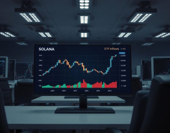 Financial chart showing Solana price stagnation and ETF inflow growth