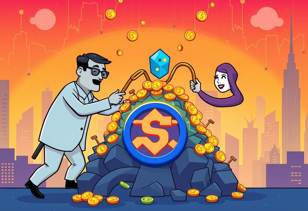 Cartoon illustration showing major crypto firms pooling funds for a significant Solana purchase, signaling strong market confidence.