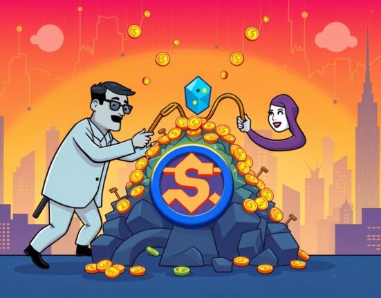 Cartoon illustration showing major crypto firms pooling funds for a significant Solana purchase, signaling strong market confidence.