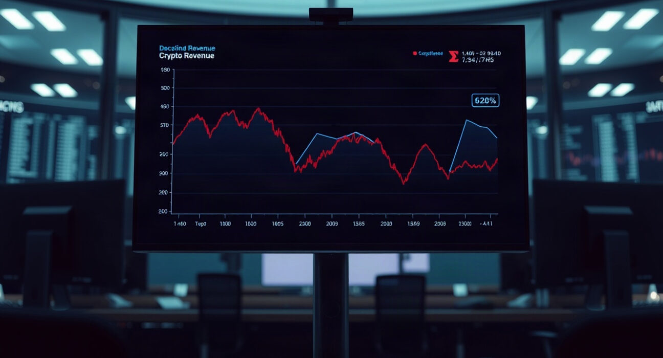 Downward trend chart on a monitor in a trading room illustrating Solana's Q2 fee revenue decline
