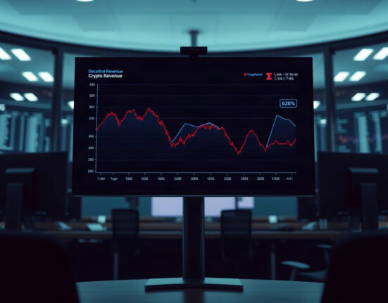 Downward trend chart on a monitor in a trading room illustrating Solana's Q2 fee revenue decline