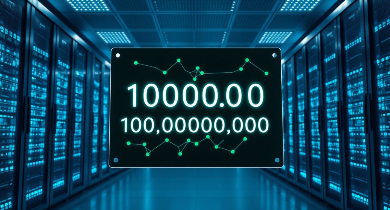 Solana quarterly transactions surpass 10 billion milestone, showing a digital display of 10,000,000,000 in a futuristic data center setting.