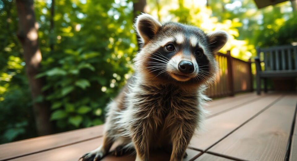 Raccoon named Jimothy with rare congenital disorder sitting in a Seattle backyard