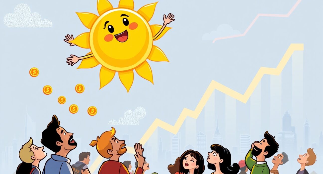 Cartoon showing Solana's strong potential for a year-end rally, with figures observing its impressive market ascent.