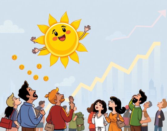 Cartoon showing Solana's strong potential for a year-end rally, with figures observing its impressive market ascent.