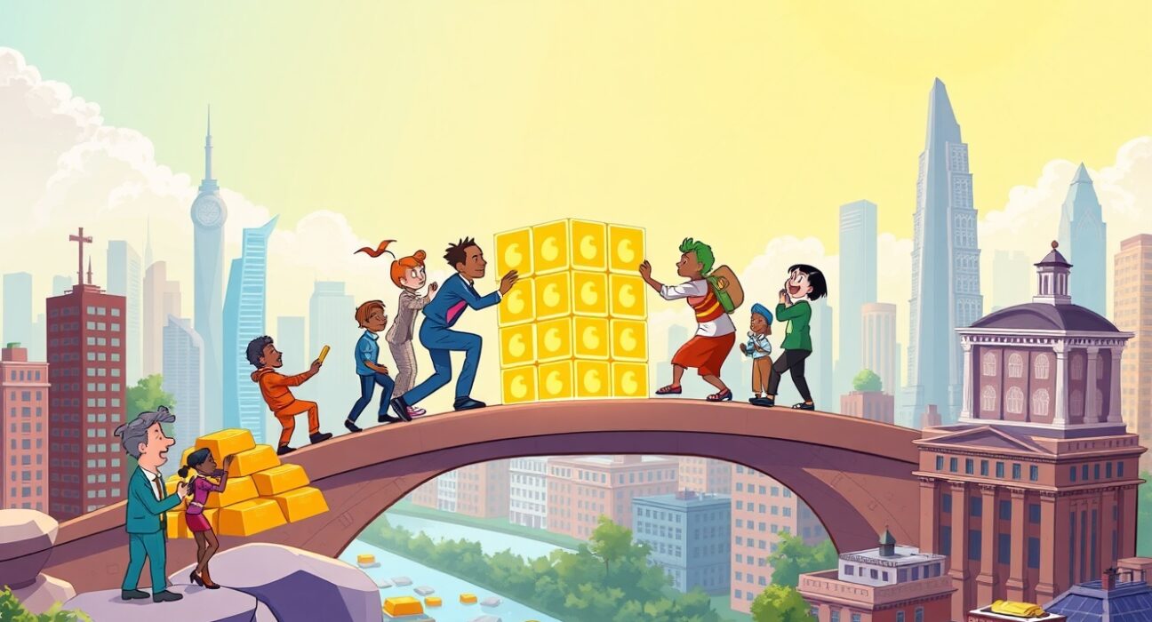 A vibrant cartoon illustration of a collaborative real-world asset consortium bridging traditional finance and blockchain technology.