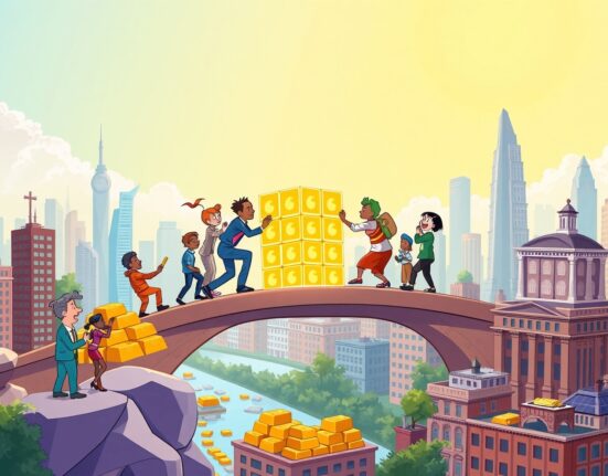 A vibrant cartoon illustration of a collaborative real-world asset consortium bridging traditional finance and blockchain technology.