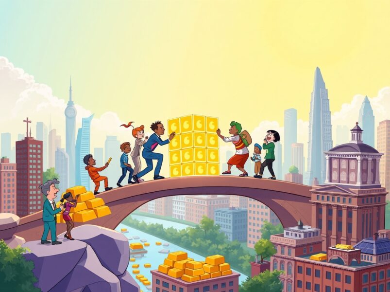 A vibrant cartoon illustration of a collaborative real-world asset consortium bridging traditional finance and blockchain technology.