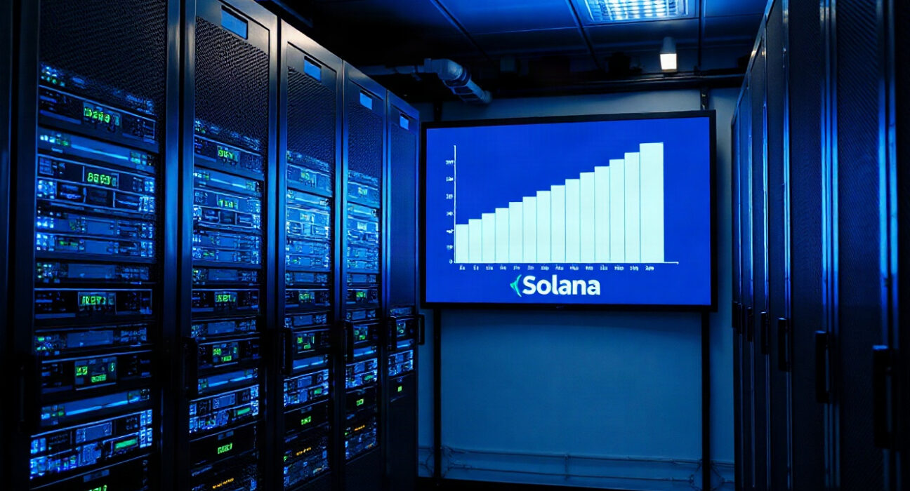 Solana network data center with server racks and activity graph showing record transaction volume