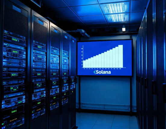 Solana network data center with server racks and activity graph showing record transaction volume