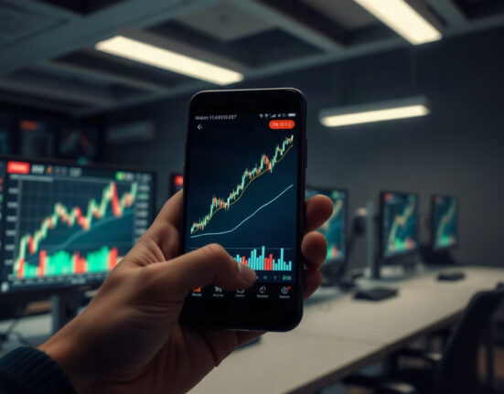 Hand holding smartphone showing Solana price chart with upward trend, symbolizing the recent price recovery.