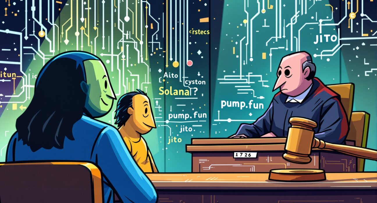 Cartoon illustration symbolizing the unfolding Solana RICO lawsuit against Pump.fun and its executives, highlighting legal challenges in crypto.