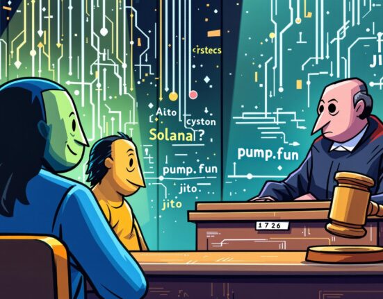 Cartoon illustration symbolizing the unfolding Solana RICO lawsuit against Pump.fun and its executives, highlighting legal challenges in crypto.
