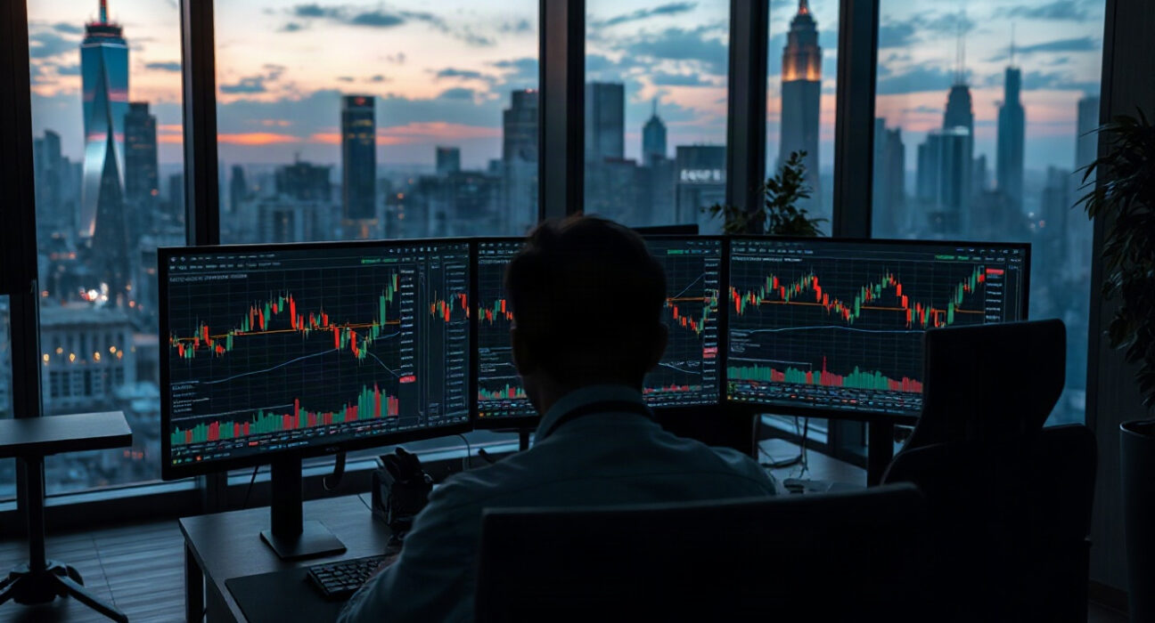 Trading monitors displaying cryptocurrency price charts in an Asian trading room on August 20.