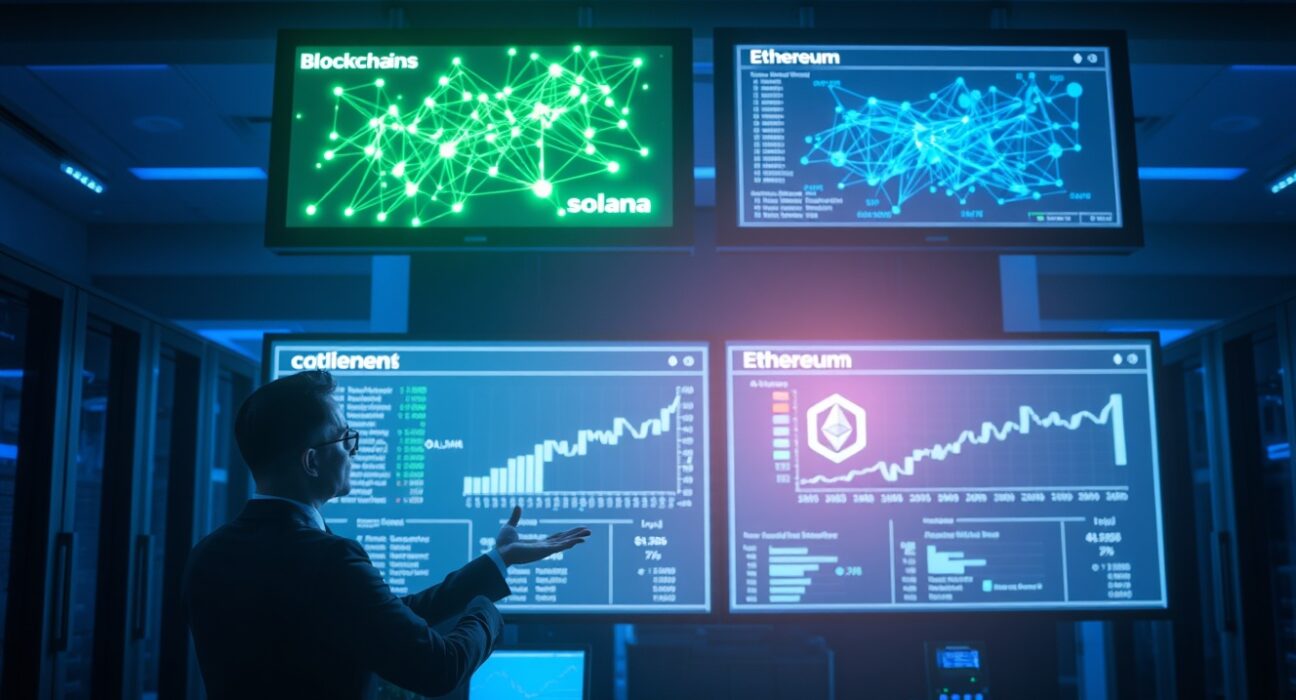 Analyst reviewing Solana and Ethereum blockchain data screens showing RWA collateral metrics