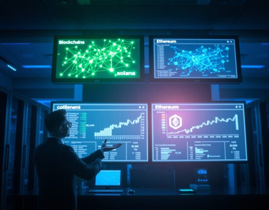 Analyst reviewing Solana and Ethereum blockchain data screens showing RWA collateral metrics