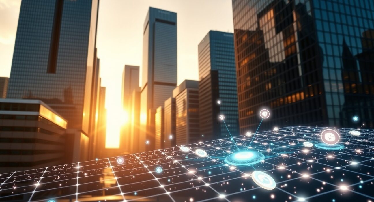 Solana blockchain digital overlay on a modern city skyline at sunset, representing real-world asset tokenization growth.