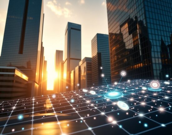 Solana blockchain digital overlay on a modern city skyline at sunset, representing real-world asset tokenization growth.