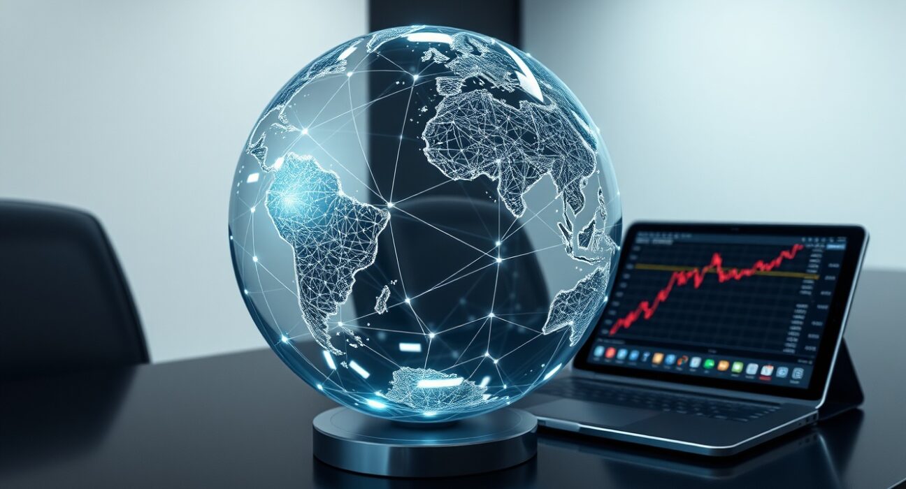 Blockchain network overlaid on a globe representing Solana's global RWA market cap growth.