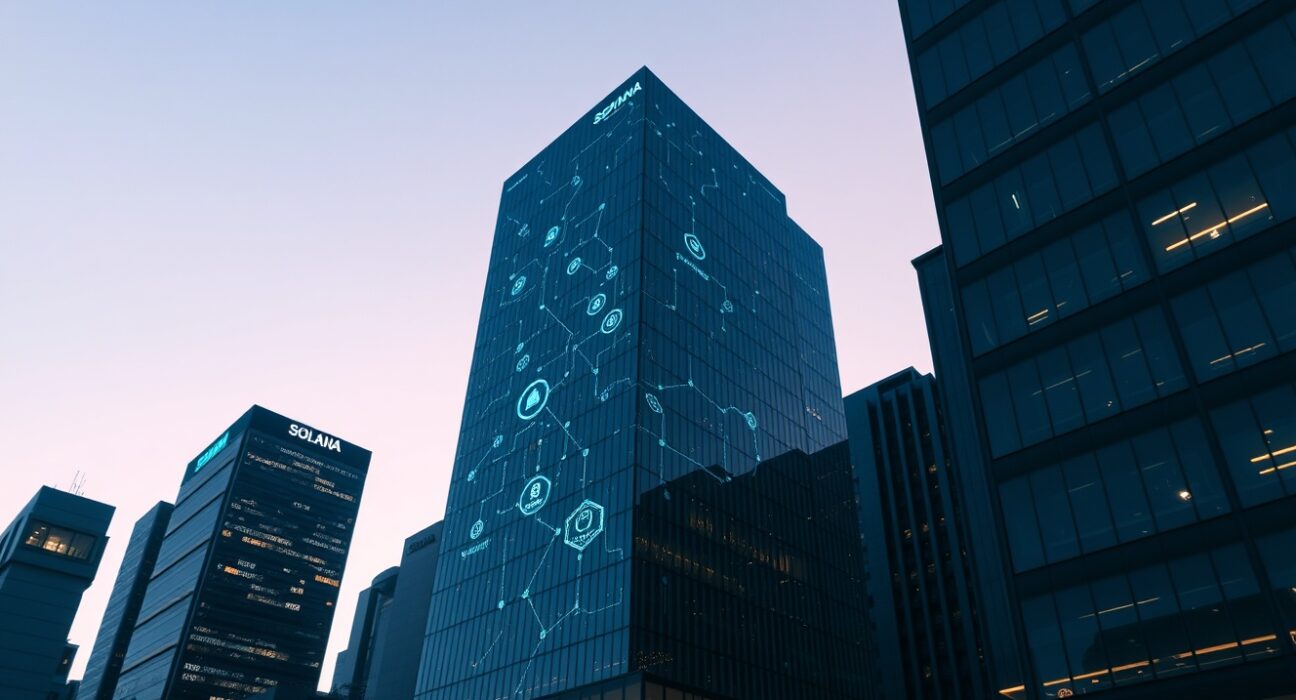 Futuristic cityscape with digital blockchain data streams representing Solana RWA tokenization growth