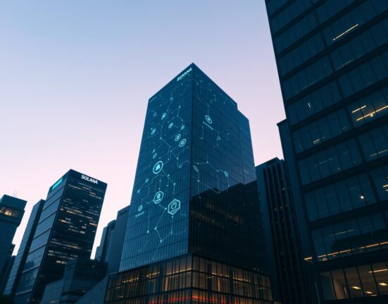 Futuristic cityscape with digital blockchain data streams representing Solana RWA tokenization growth