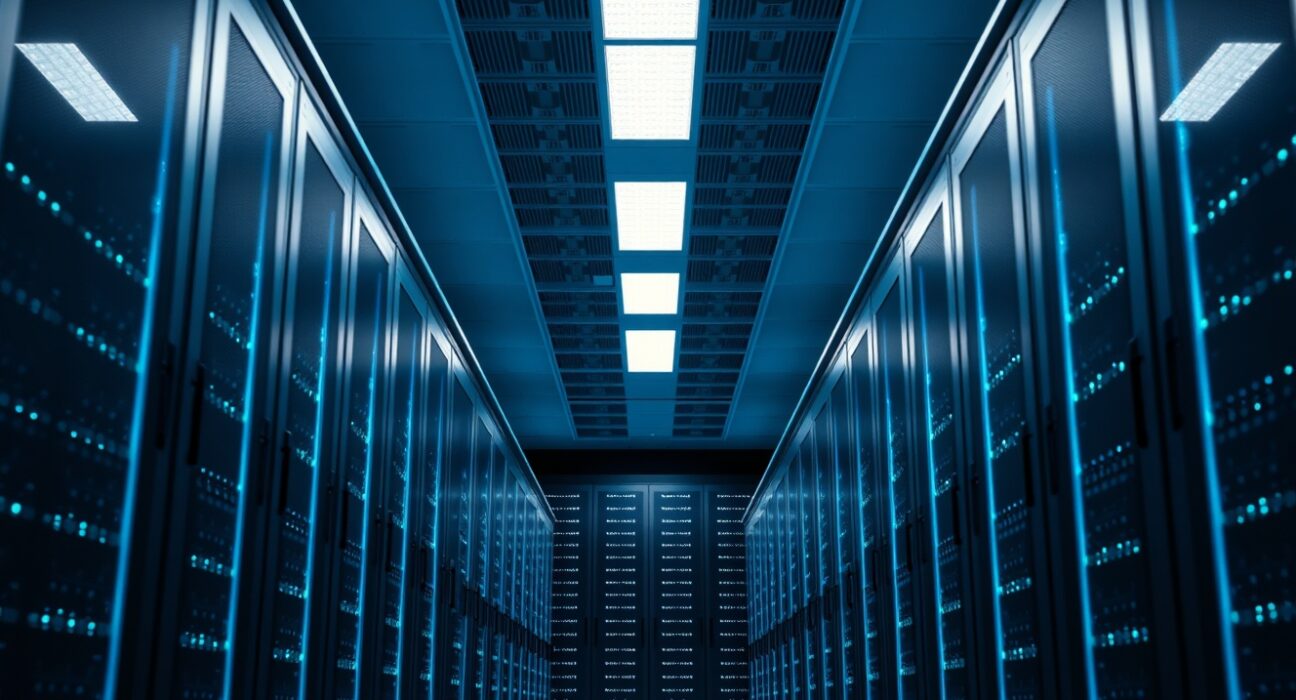 Data center servers with blue lighting representing Solana blockchain upgrade