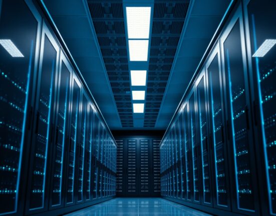 Data center servers with blue lighting representing Solana blockchain upgrade