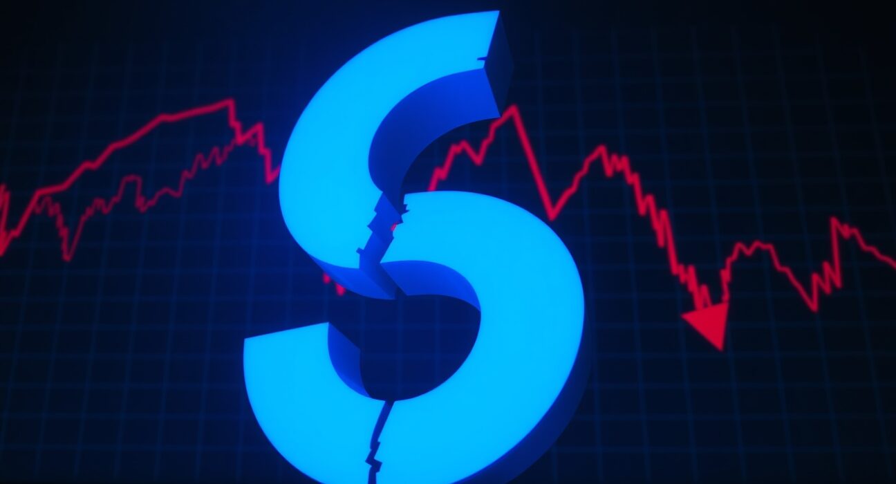 Dimmed Solana symbol on a dark background with red downward arrows representing a market price decline.