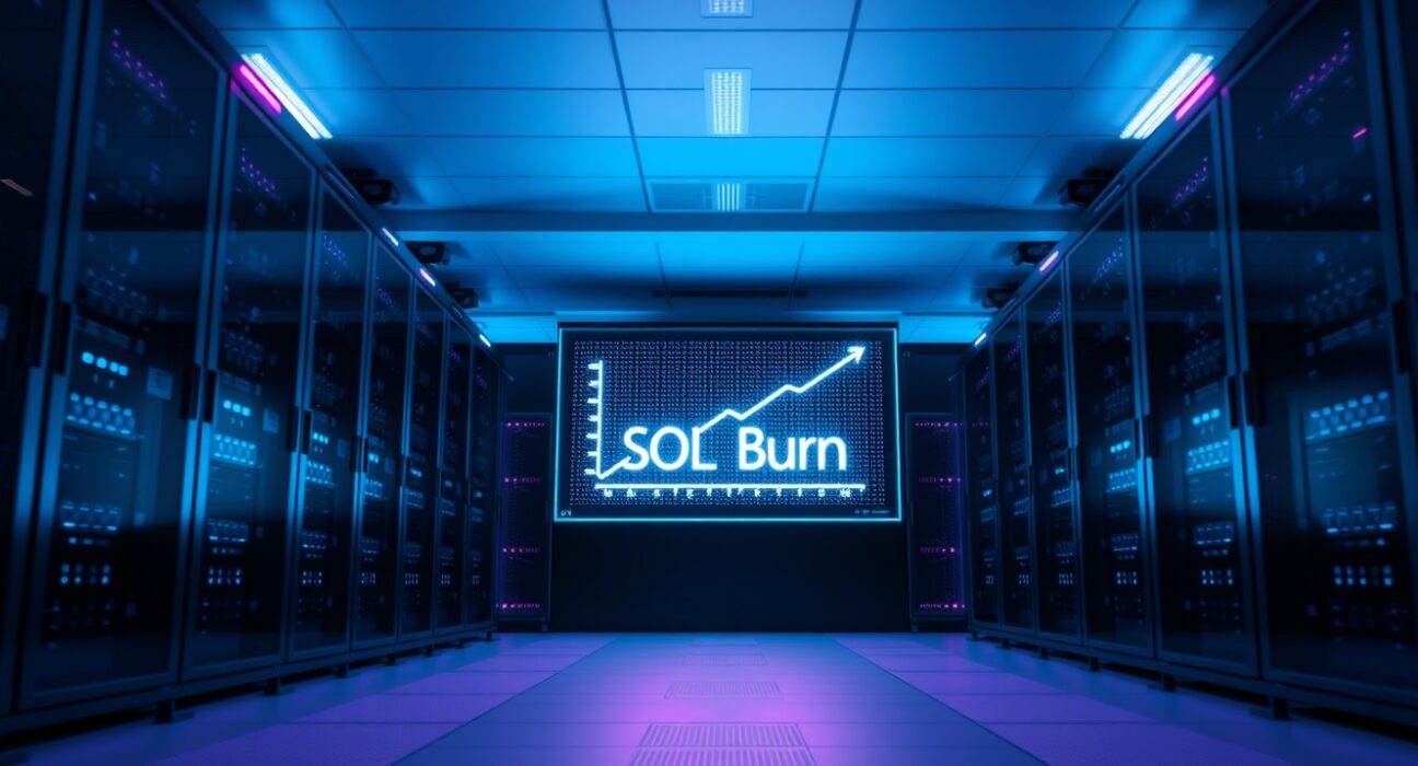 Futuristic server room with a digital display showing SOL burn graph