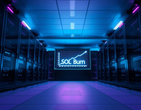 Futuristic server room with a digital display showing SOL burn graph