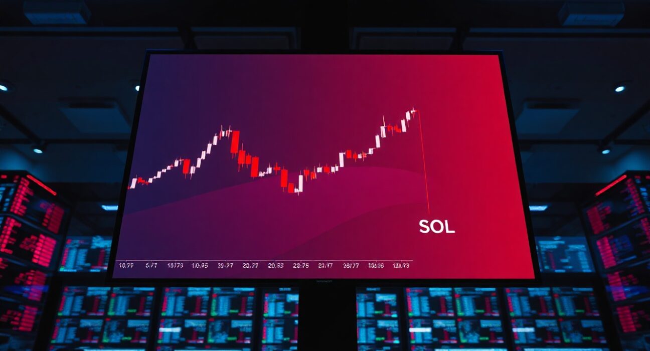 Digital trading screen showing Solana price chart with red candlesticks indicating a drop below 100,000 won on Upbit.