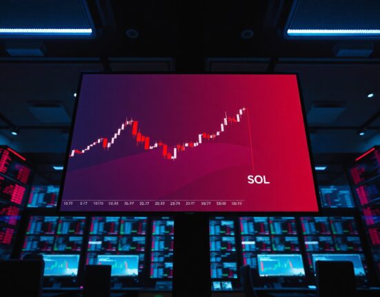 Digital trading screen showing Solana price chart with red candlesticks indicating a drop below 100,000 won on Upbit.