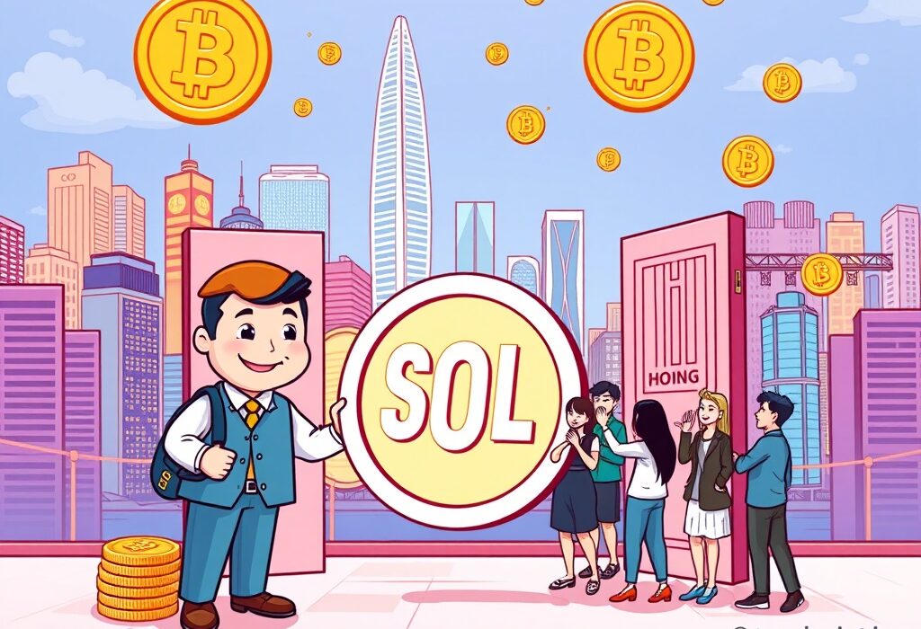 Cartoon illustration showing OSL opening Solana (SOL) trading to retail investors in Hong Kong, symbolizing new crypto access and Solana (SOL) trading.