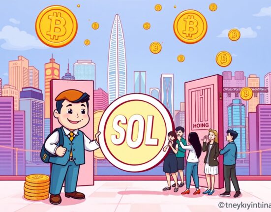 Cartoon illustration showing OSL opening Solana (SOL) trading to retail investors in Hong Kong, symbolizing new crypto access and Solana (SOL) trading.