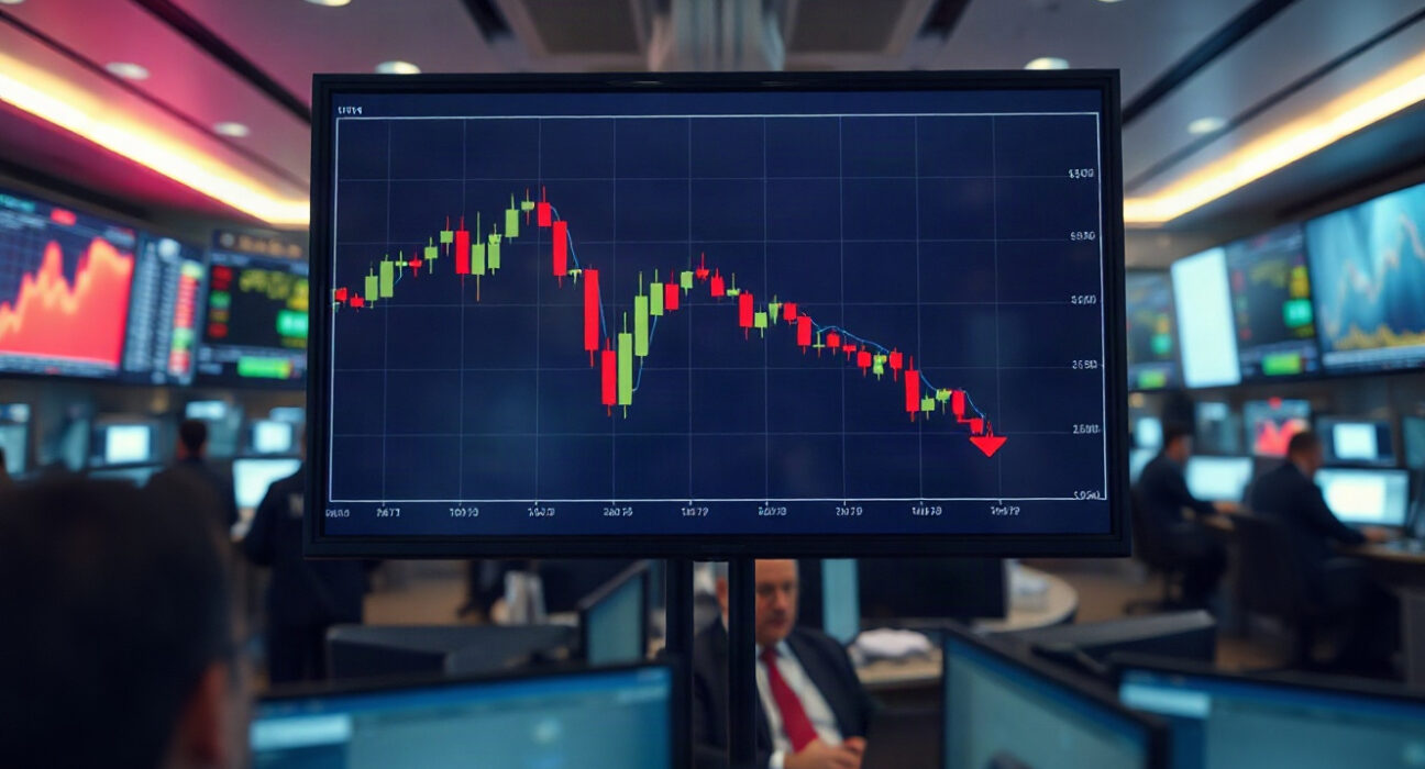 Solana price chart showing sharp decline on trading floor display
