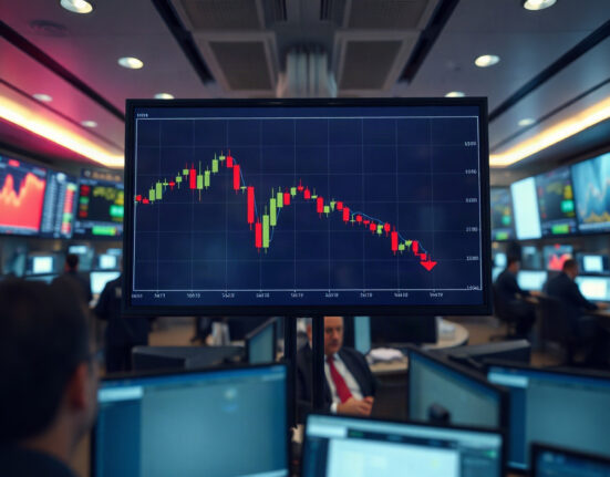 Solana price chart showing sharp decline on trading floor display