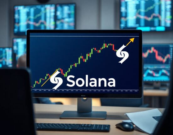 Solana price chart on a trading monitor with an upward trend line and digital background.