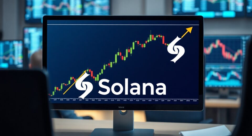Solana price chart on a trading monitor with an upward trend line and digital background.