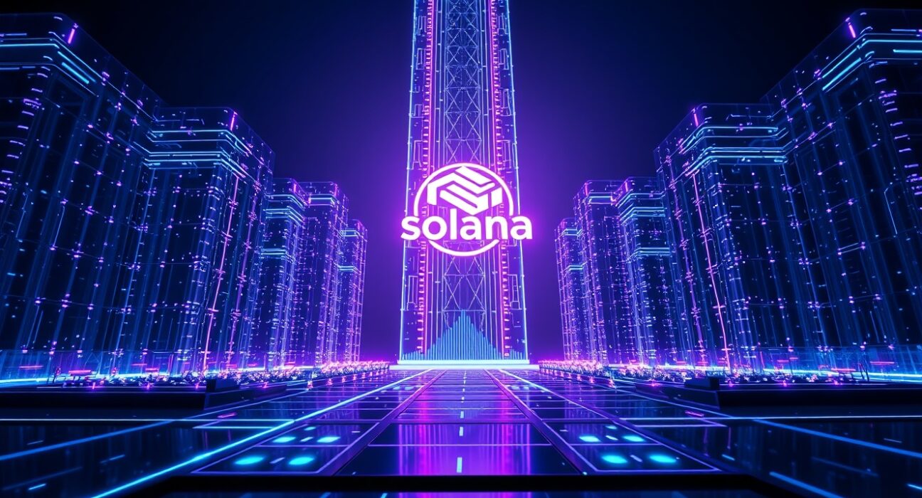 Solana blockchain network visualization with glowing digital infrastructure and fiber-optic light trails.