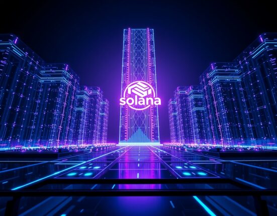 Solana blockchain network visualization with glowing digital infrastructure and fiber-optic light trails.