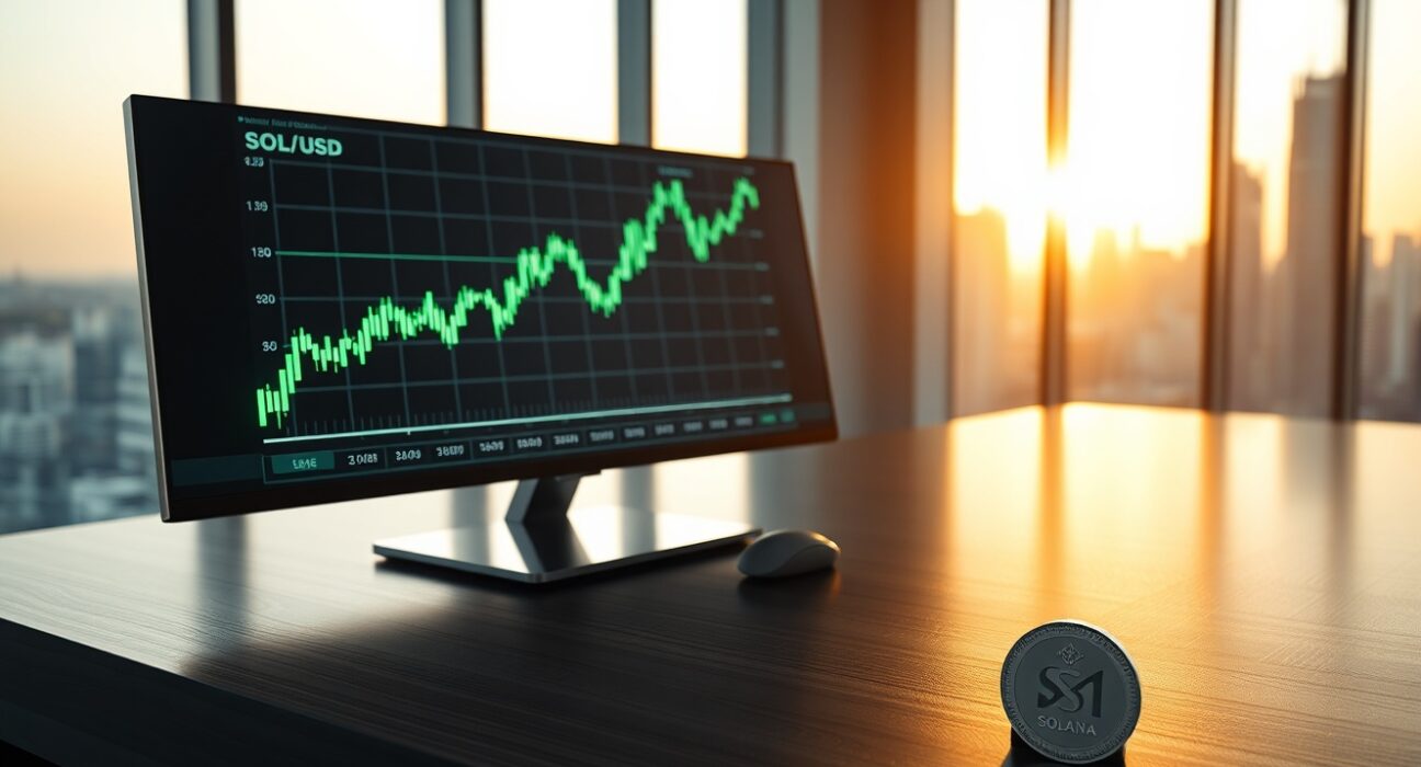 Solana cryptocurrency price chart and coin on a modern trading desk with city skyline background