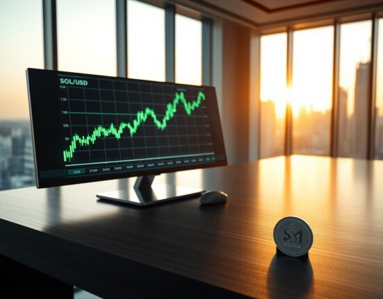 Solana cryptocurrency price chart and coin on a modern trading desk with city skyline background