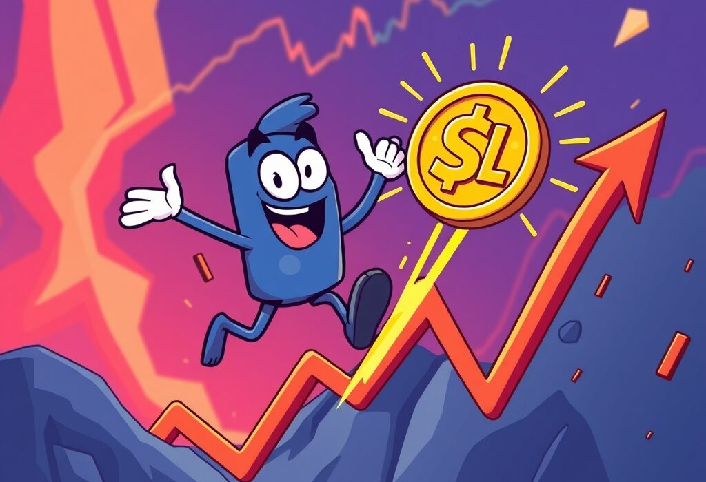 Cartoon showing Solana (SOL) rally breaking out of a bullish ascending triangle, signifying potential for significant price growth.