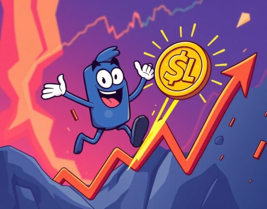 Cartoon showing Solana (SOL) rally breaking out of a bullish ascending triangle, signifying potential for significant price growth.